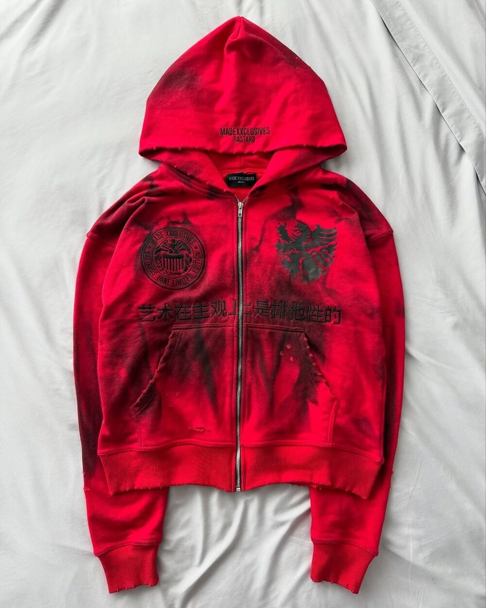 Vintage Dirty Wash Embroidered Red Zip Up Hoodie Jacket size M
